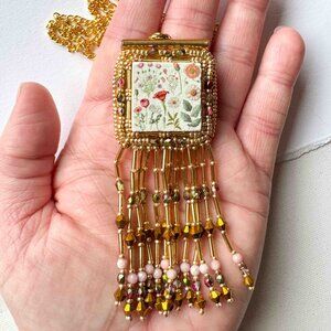 Floral Ceramic Pendant Necklace Gold Beaded Fringe Statement Necklace